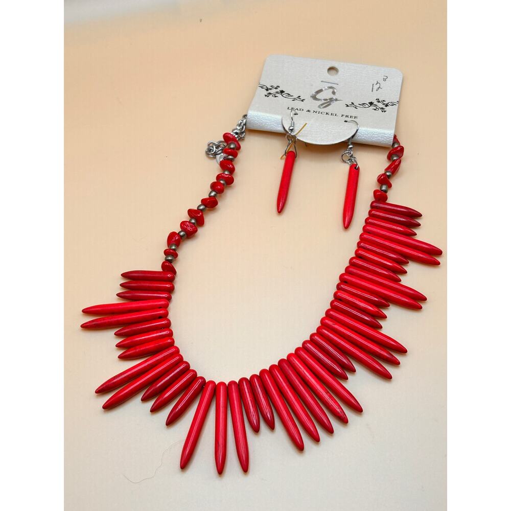 Southwestern Pointed Red Bead Necklace & Earrings Set
